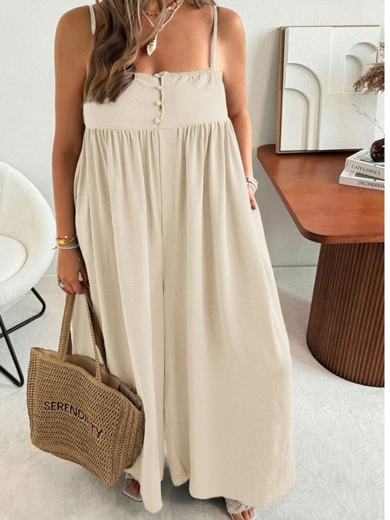 Pants - Plus Solid Button Flowy High Waisted Wide leg Jumper Jumpsuit
